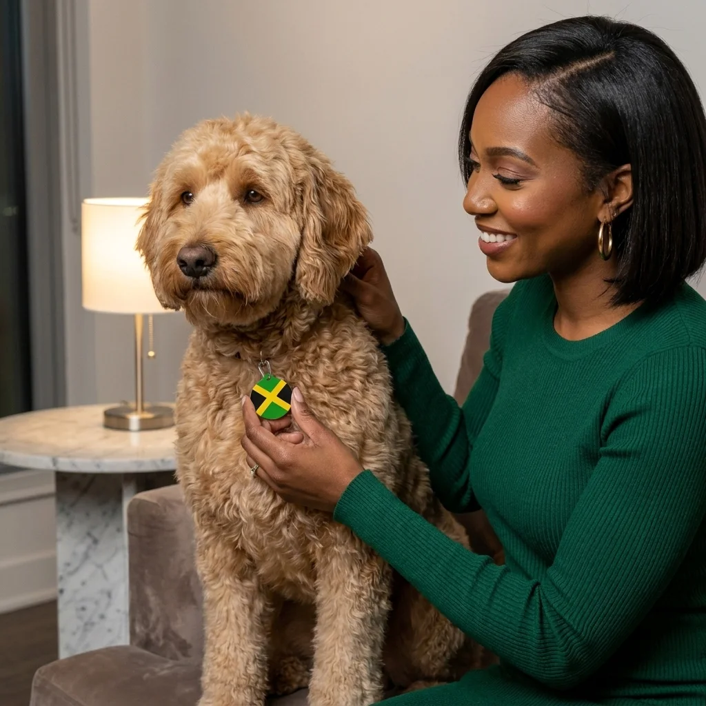 Jamaica Gold Cross Pet Tag — lifestyle-owner view