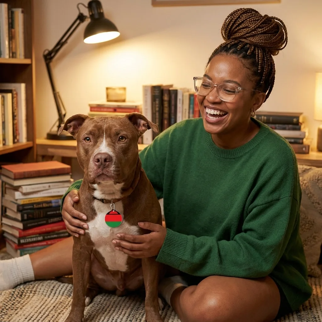 Malawi Rising Sun Pet Tag — lifestyle-owner view