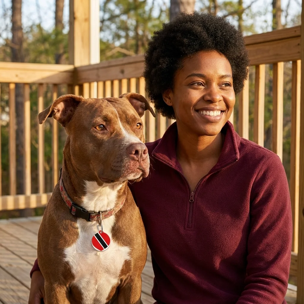 Trinidad & Tobago Diagonal Stripe Pet Tag — lifestyle-owner view