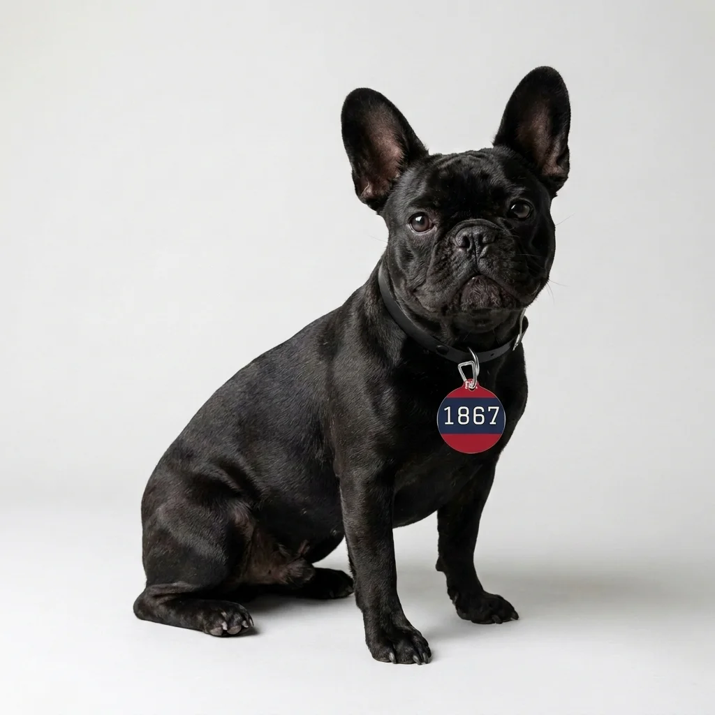 Howard 1867 Navy & Crimson Pet Tag — lifestyle view