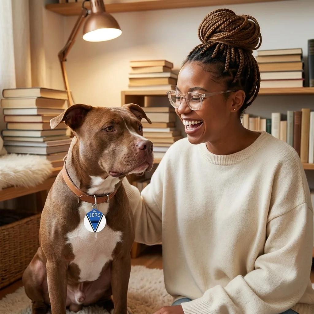 Livingstone 1879 Blue & Black Pet Tag — lifestyle-owner view