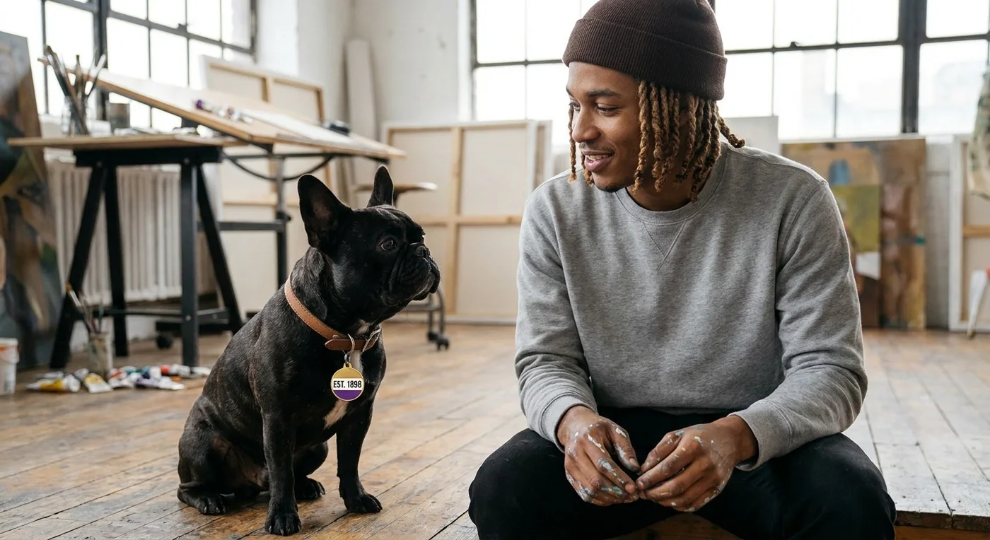 Miles 1898 Purple & Gold Pet Tag — lifestyle-owner view