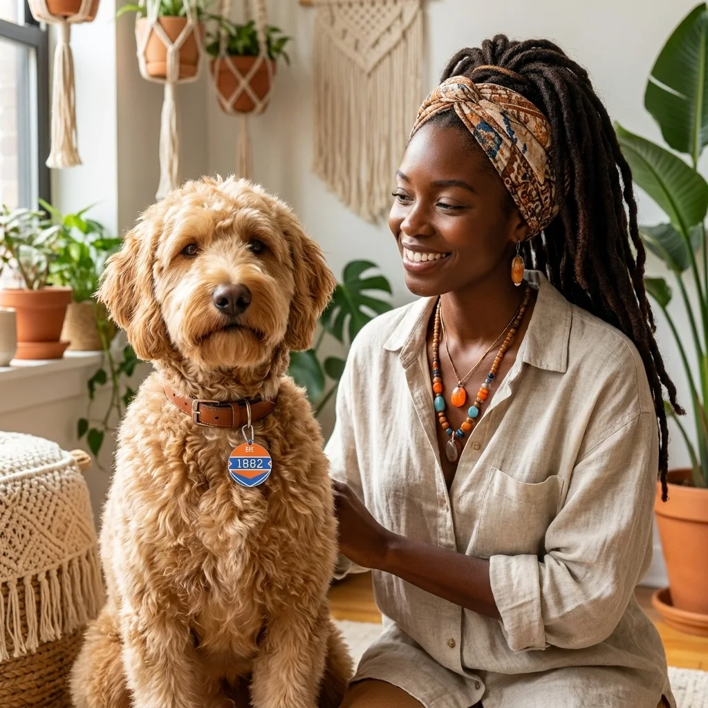 Virginia State 1882 Orange & Blue Pet Tag — lifestyle-owner view