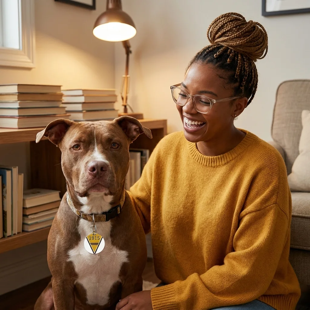 Xavier 1915 Gold & Black Pet Tag — lifestyle-owner view