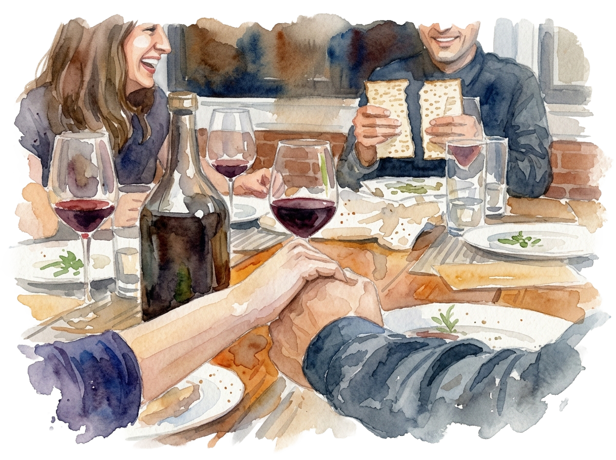 Watercolor painting of friends at a seder table