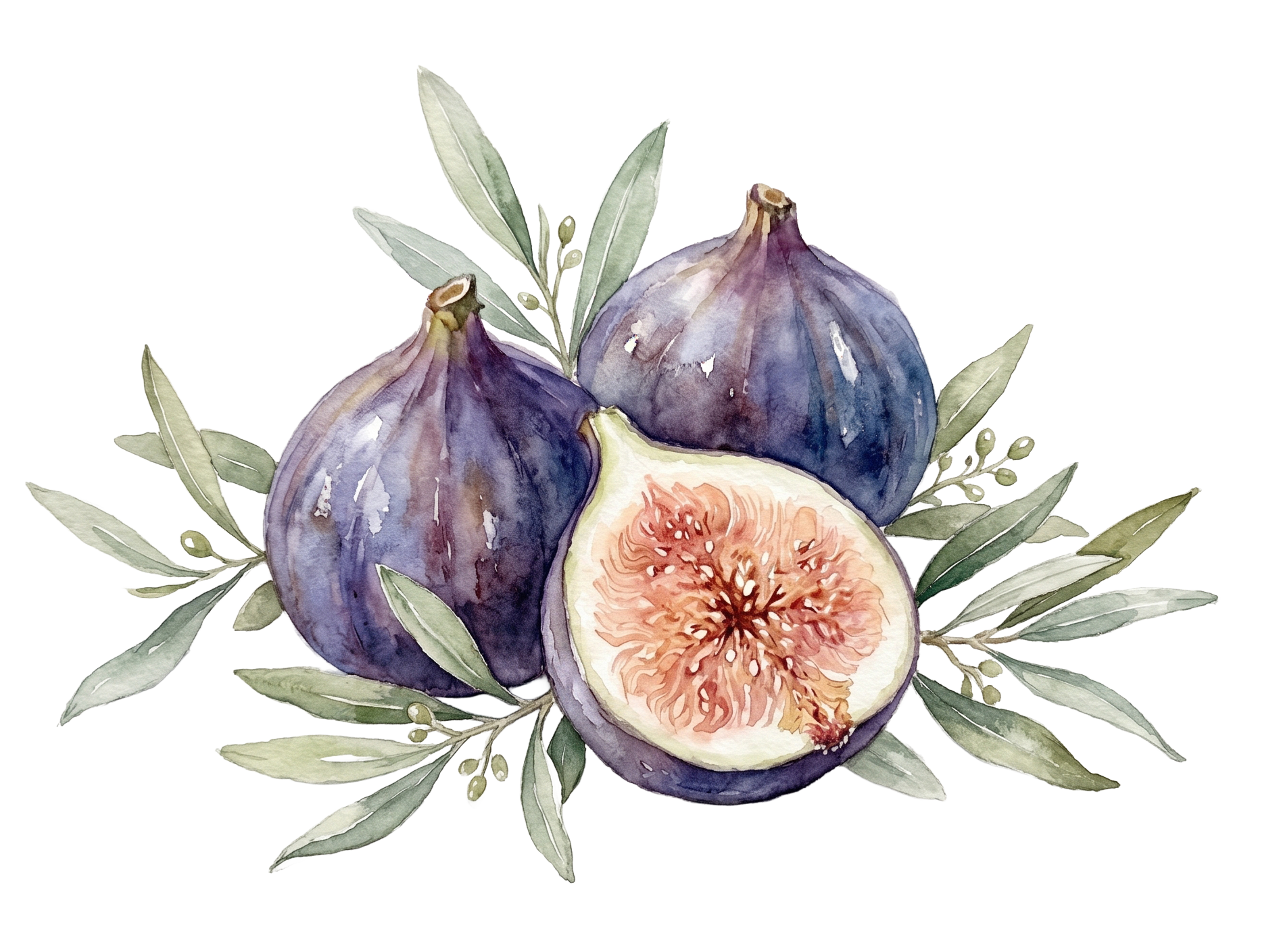 Watercolor painting of figs and olive leaves