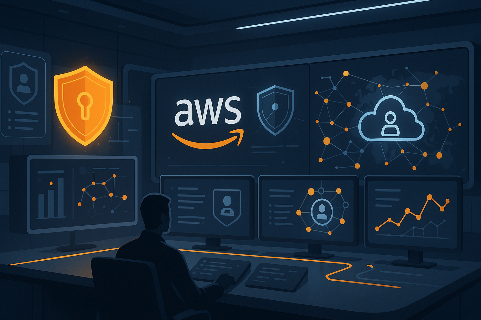 AWS cloud security dashboard showing IAM policies and threat detection for enterprise security management