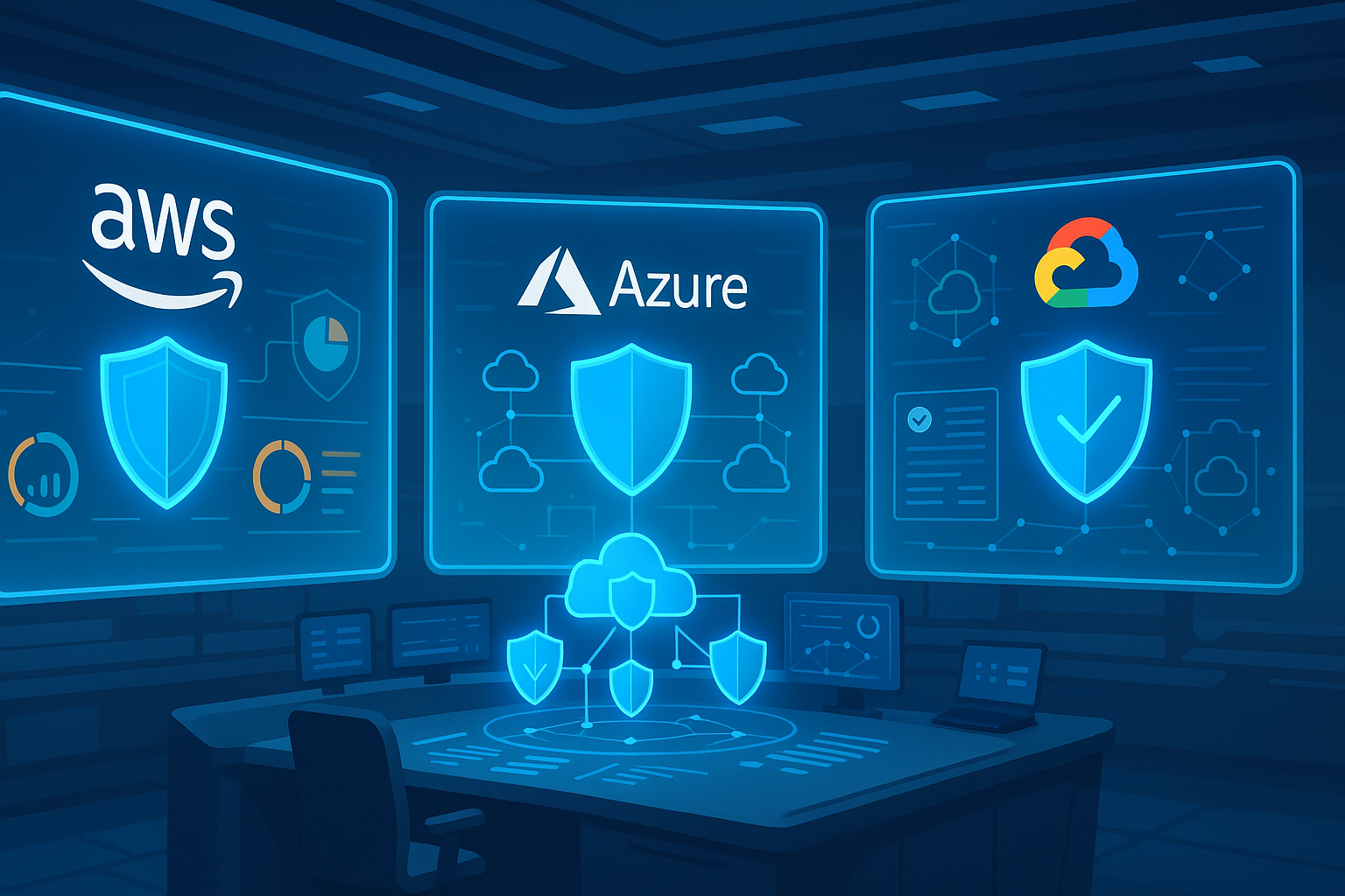 Multi-cloud security architecture diagram showing AWS Azure and Google Cloud integration for enterprise security