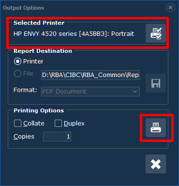 Select printer; options and click the print button