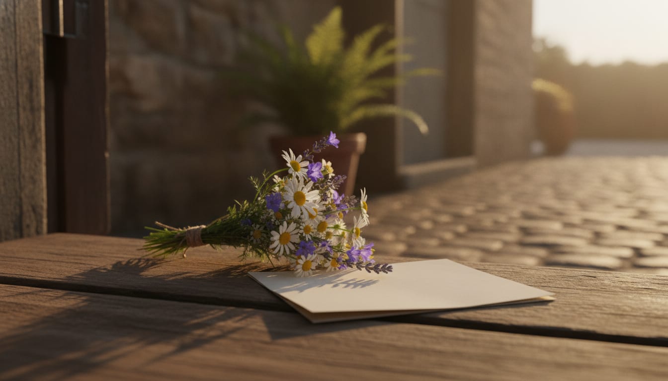 A handwritten note and flowers left on a doorstep