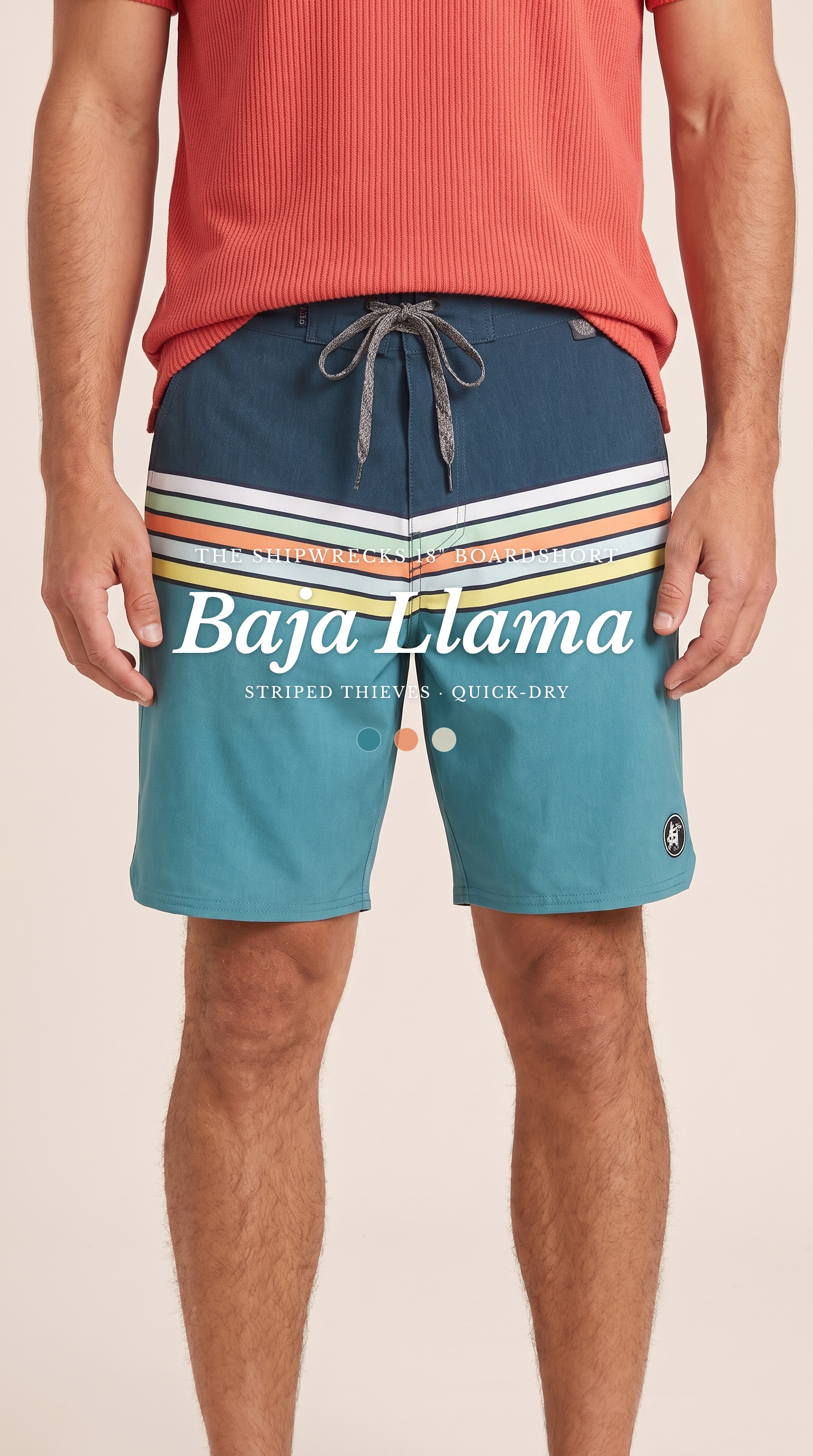 Baja Llama Shipwrecks Striped Thieves 18 inch boardshorts, teal and coral colorway