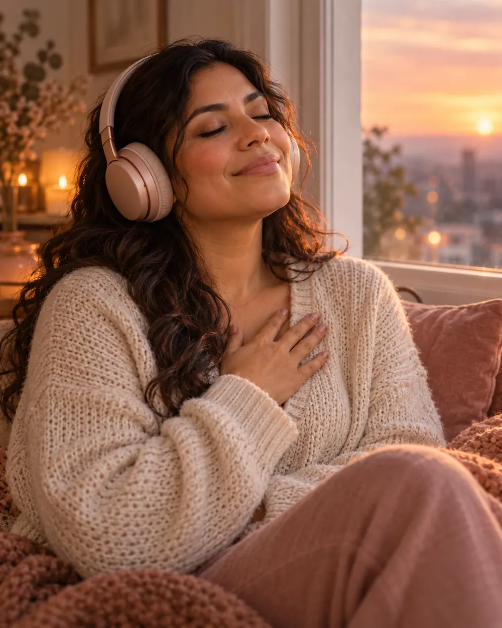 Mujer escuchando con audífonos, con la mano en el pecho