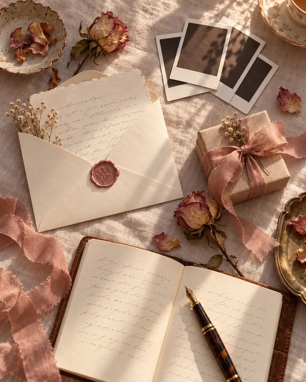 Cartas, fotos y un regalo envuelto sobre una mesa de lino