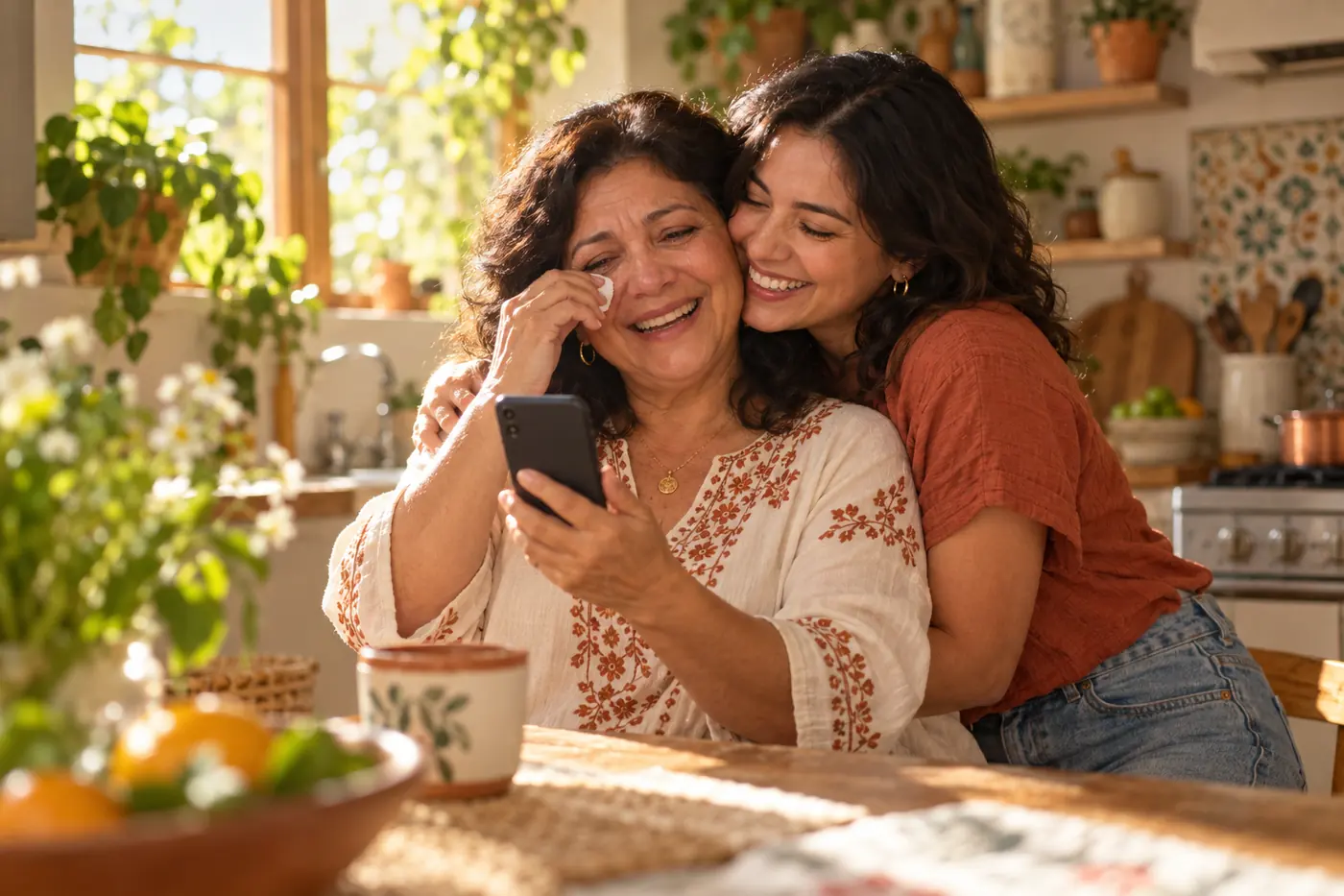 Madre emocionada mirando el celular junto a su hija