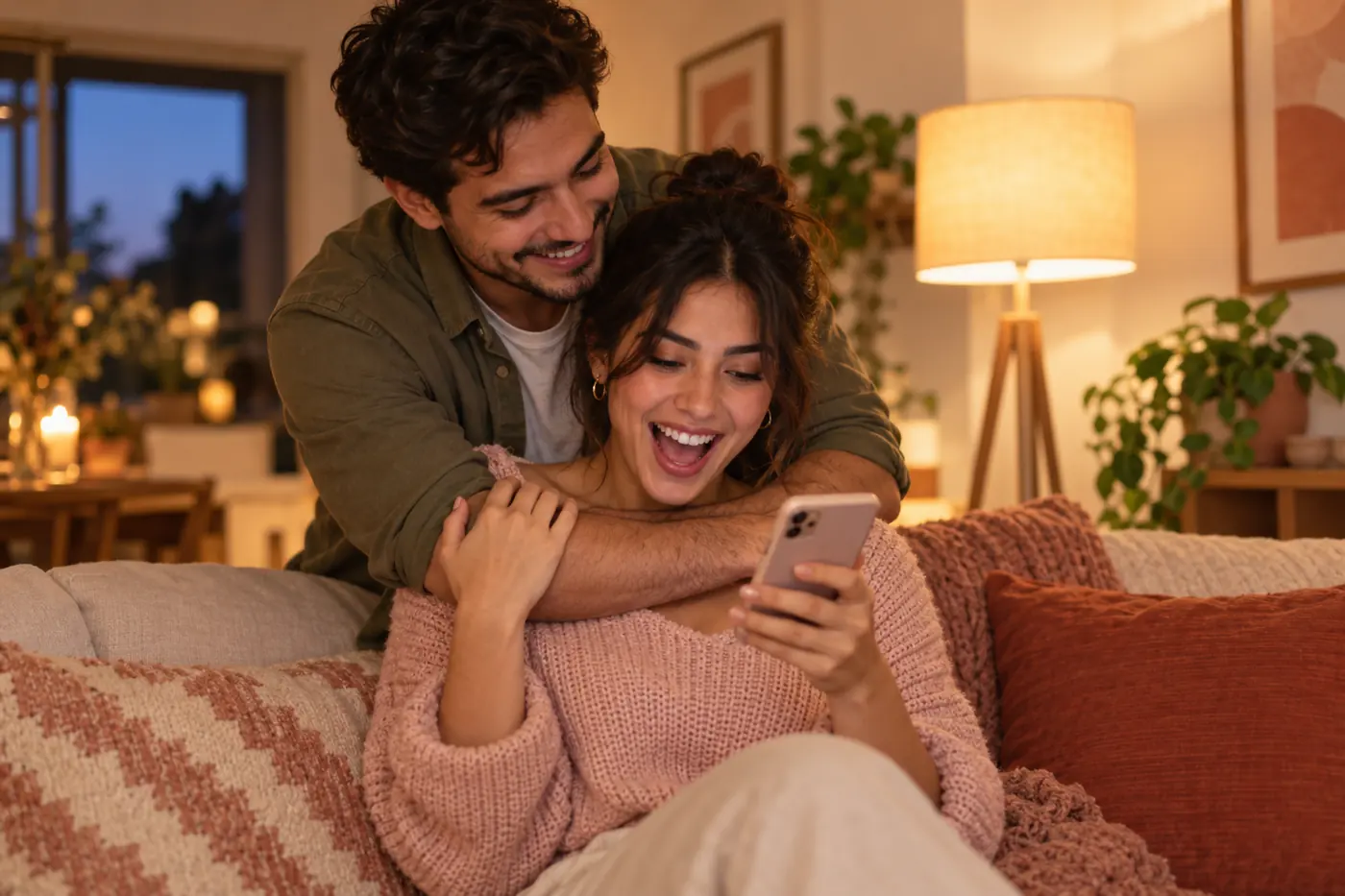 Pareja abrazada sonriendo frente al celular