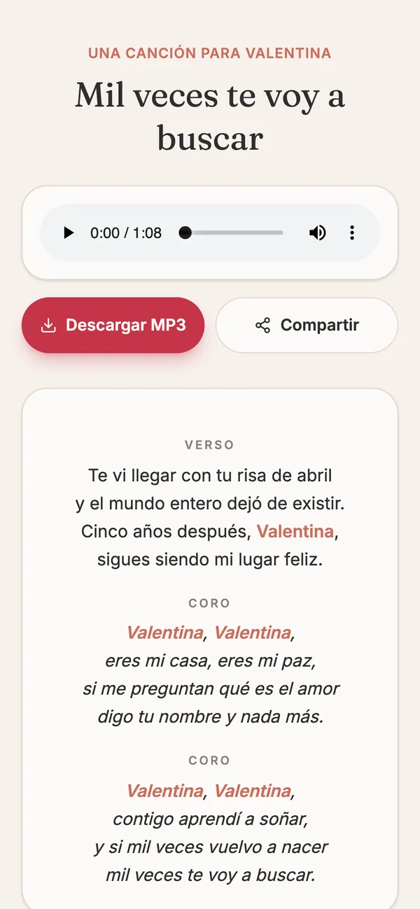 Así llega la canción: su título, la letra con su nombre y el botón para descargar