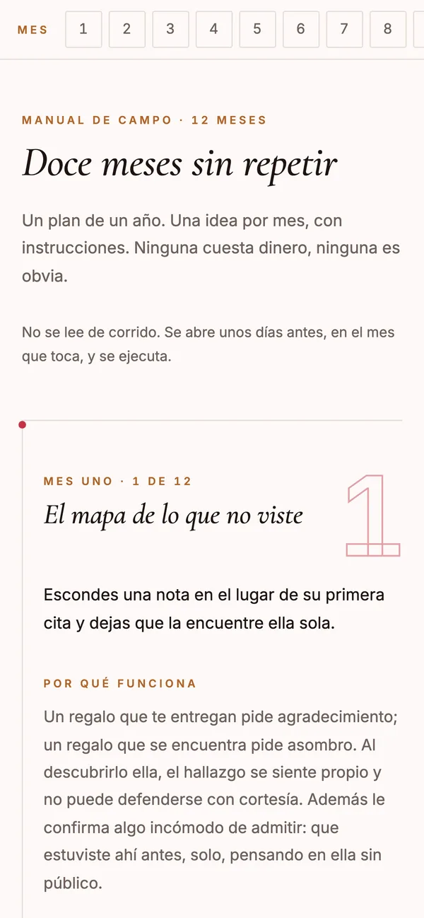 La guía Doce meses sin repetir abierta en el celular