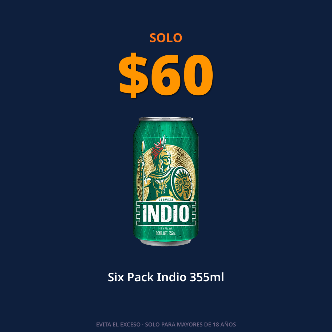 Six Pack Indio Lata 355ml a $60