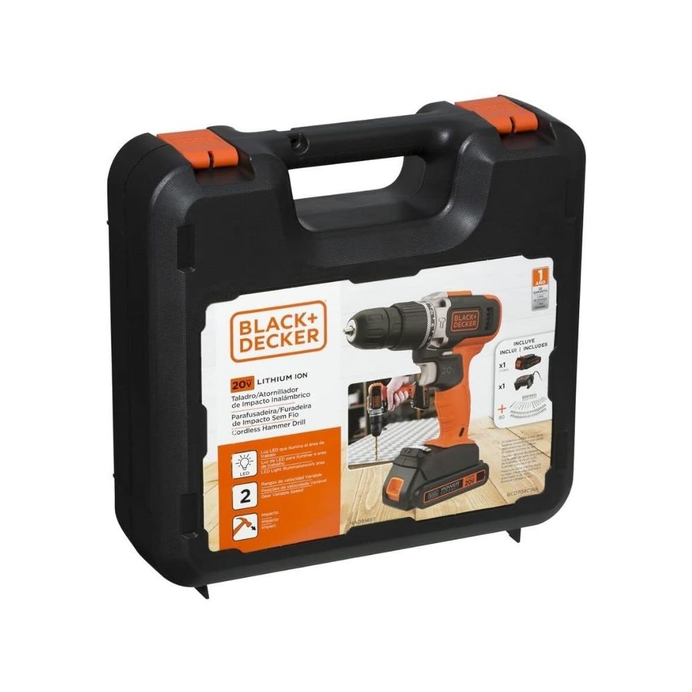Furadeira/Parafusadeira Black & Decker - 3/8" 20V Bateria com 80 Acessórios | BCD704C1KA-BR