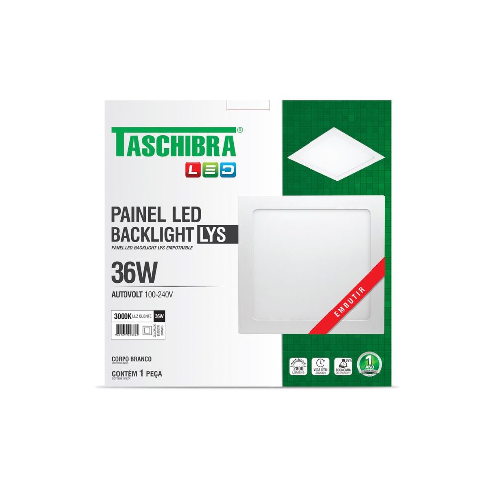 Painel LED 36W LYS 40x40 Embutir 3000K Taschibra | 15140250