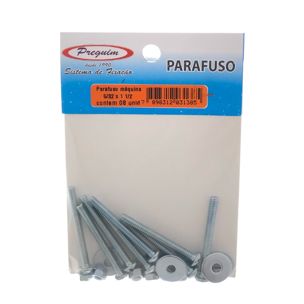 Cartela Parafuso Rosca Máquina Preguim (E) Redonda 5/32 X 11/2+PORCA+ARRUELA com 08 Peças 1385
