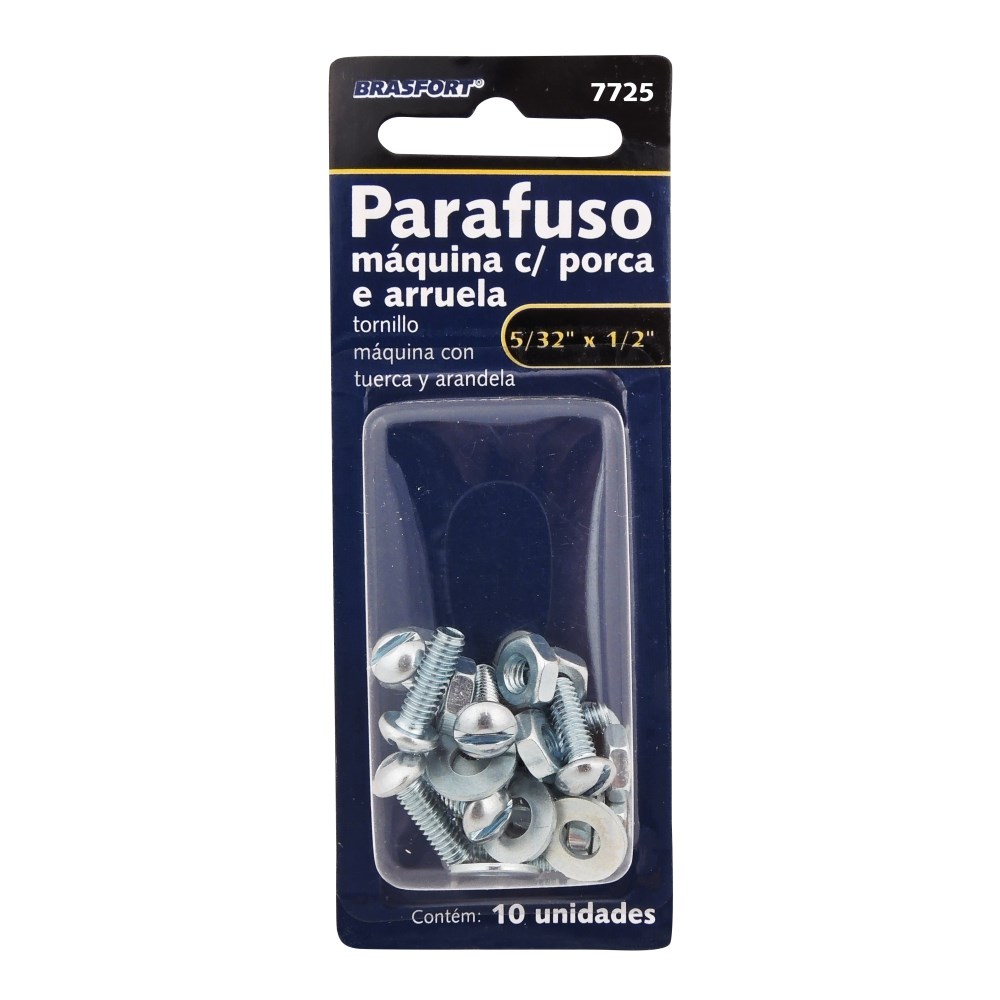 Cartela Parafuso Rosca Máquina Brasfort (A) Redonda 5/32 X 1/2+PORCA+ARRUELA com 10 Peças 7725