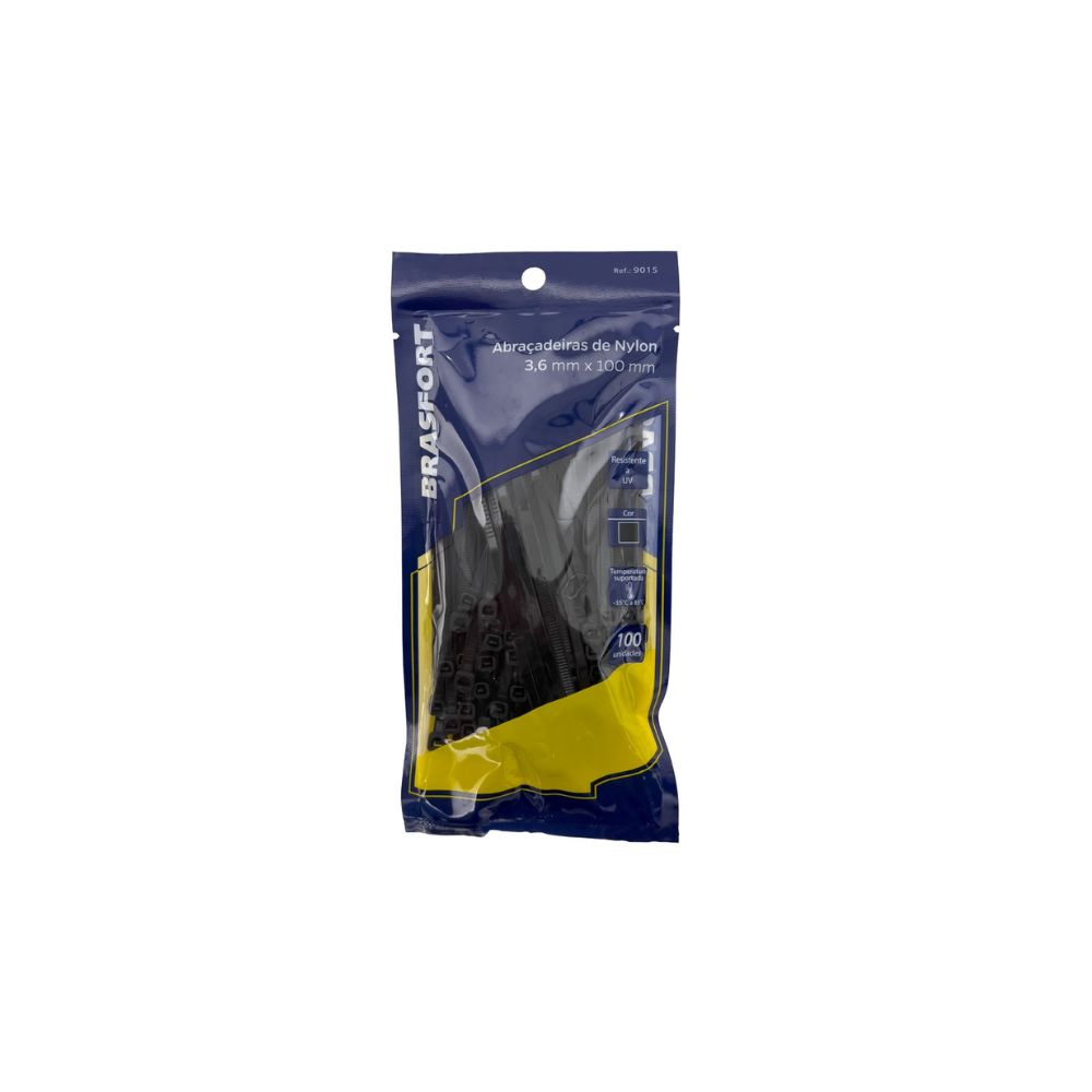 Abraçadeira de Nylon Brasfort Preta 3,6 x 100 mm com 100 Unidades | 9015