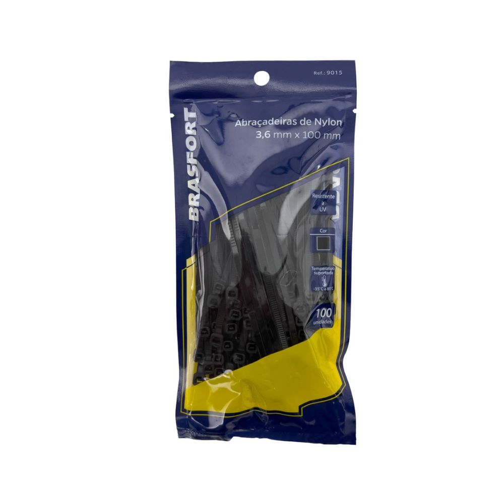 Abraçadeira de Nylon Brasfort Preta 3,6 x 100 mm com 100 Unidades | 9015