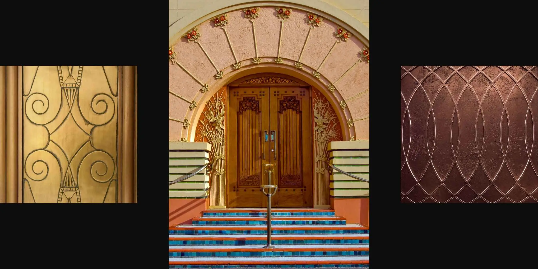 Art Nouveau entrance with decorative floral and geometric motifs surrounded
    by Art Deco-inspired metalwork and architectural details