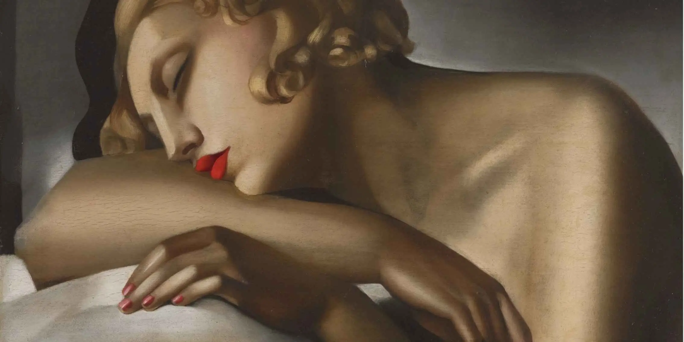 Art Deco painting of a sleeping woman with curled blonde hair, red lips,
    and stylized shading