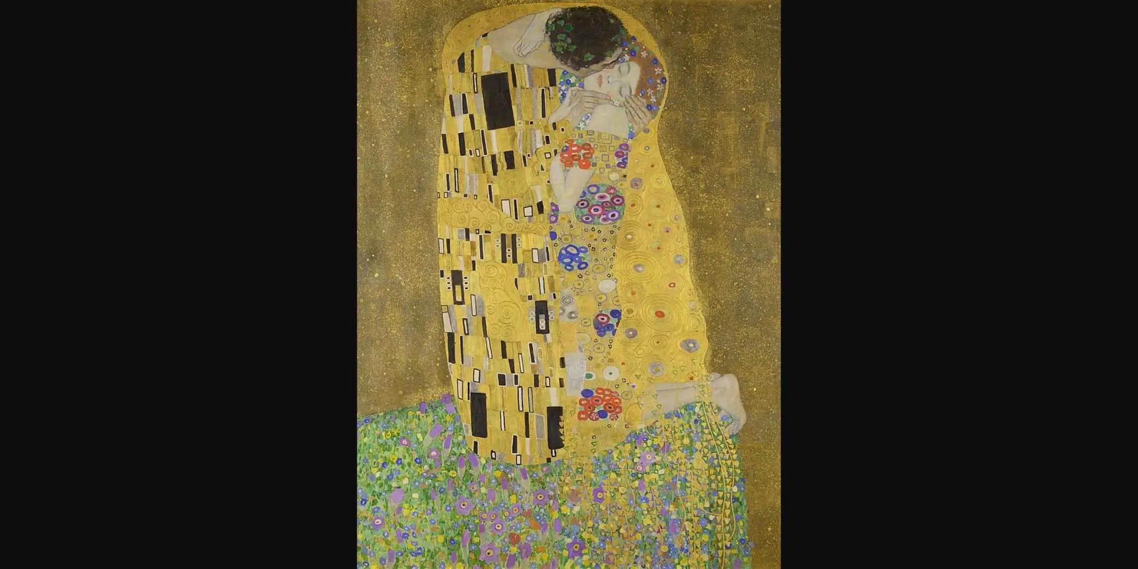Gustav Klimt's The Kiss, showing a couple embraced in ornate golden robes
    against a gold and floral background
