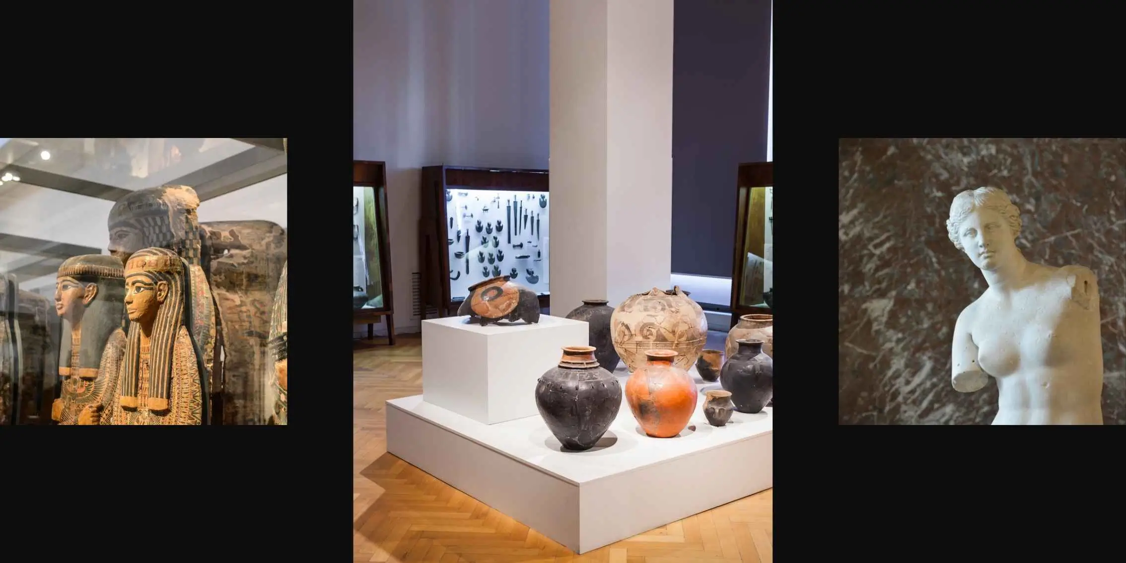 Exhibit of ancient art featuring Egyptian sarcophagi, Greco-Roman statues, and ceramic vessels in a museum setting