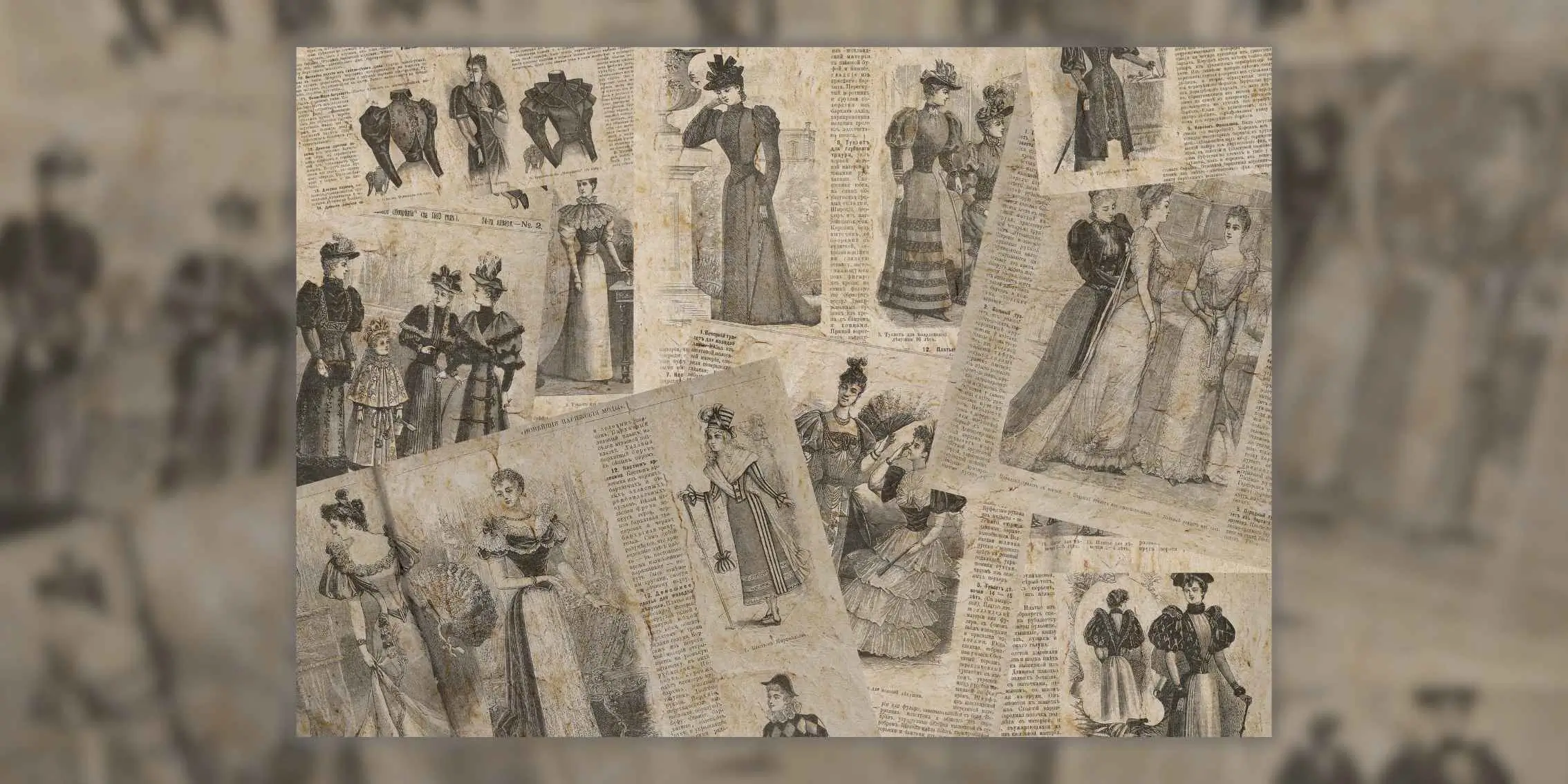 Title Collage of vintage fashion sketches and newspaper clippings