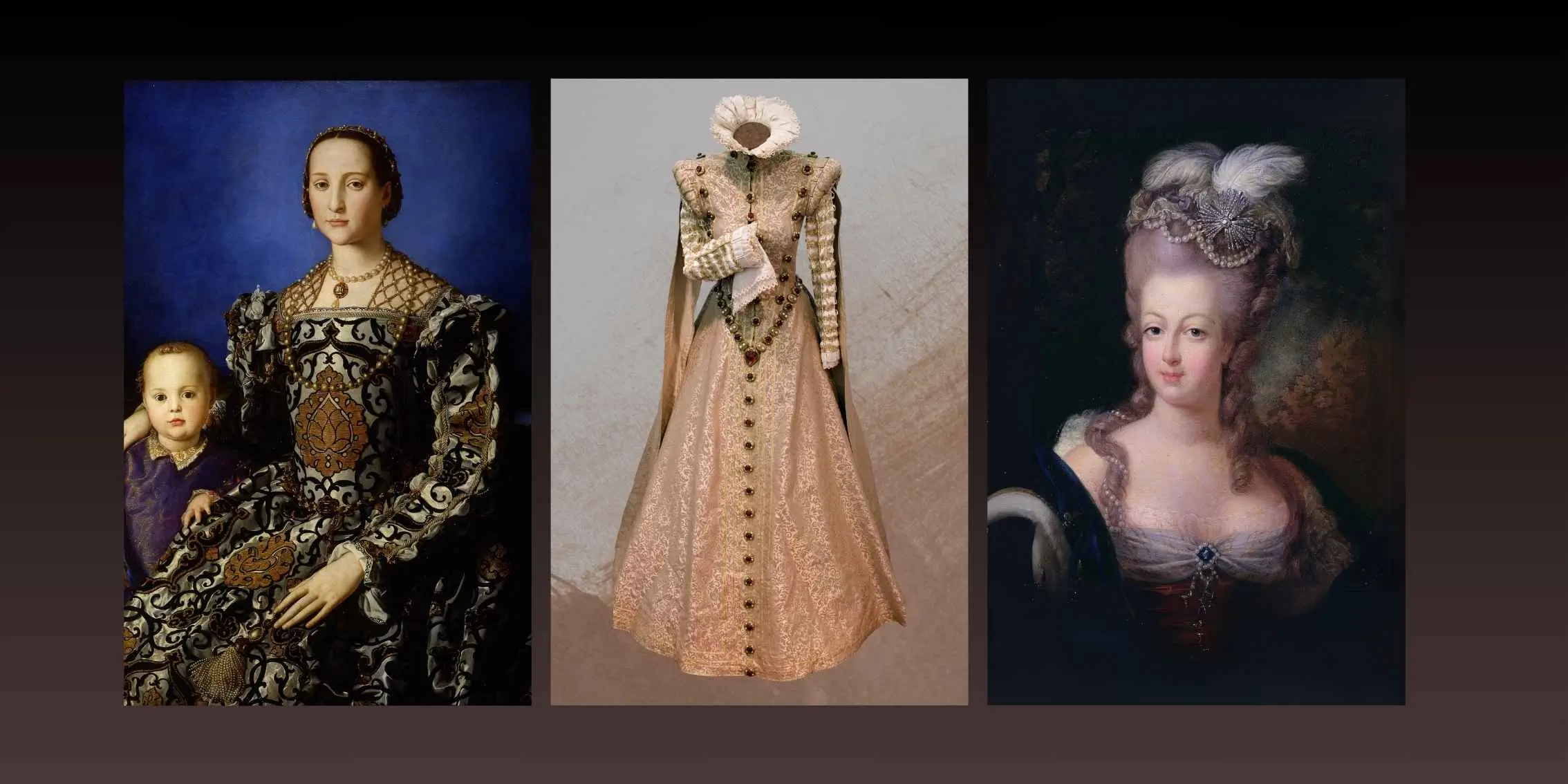 Title Renaissance and Rococo portraits with a historical gown display