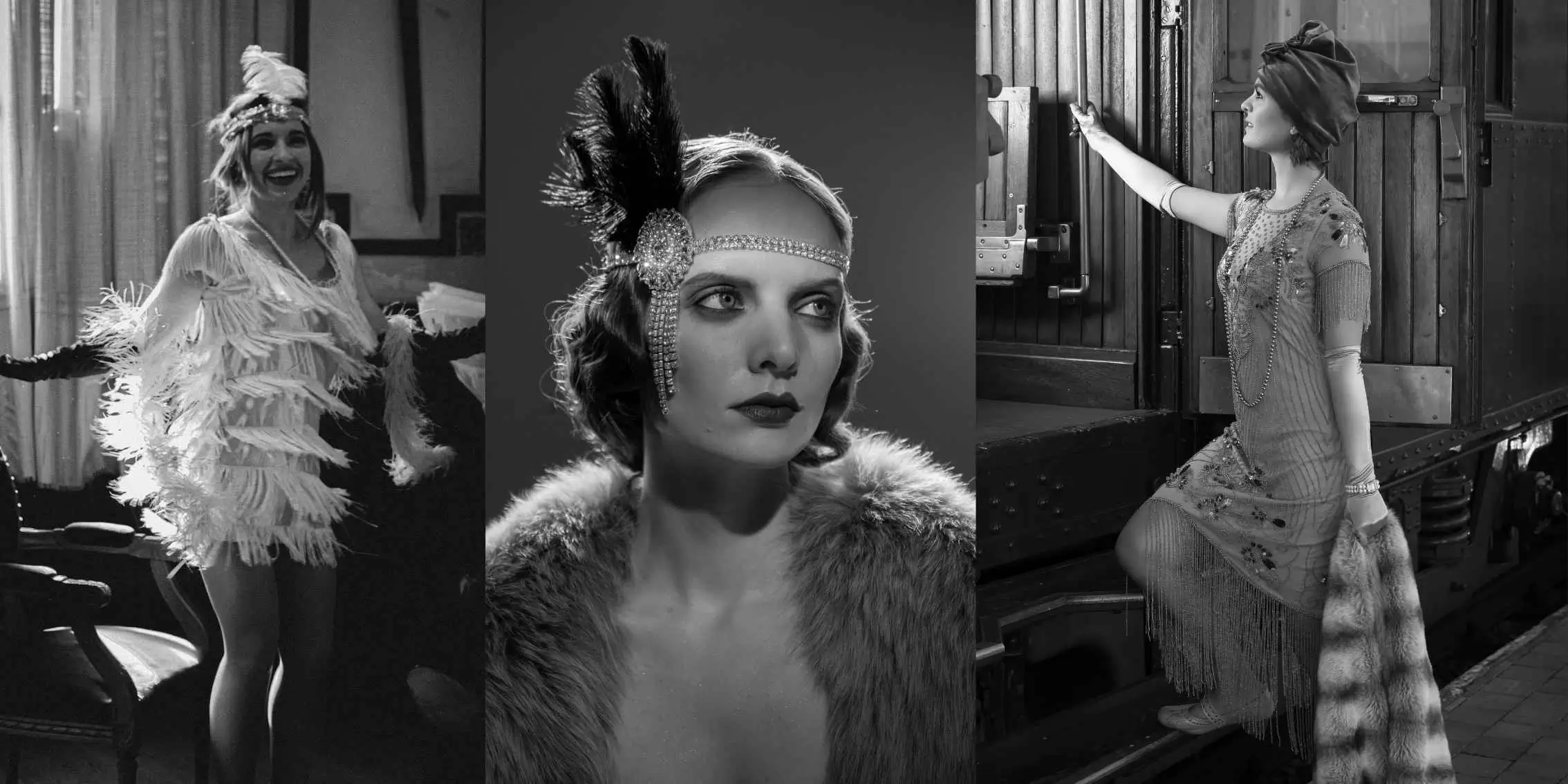 Title 1920s flapper fashion with feathered dresses, beaded headpieces,
    and vintage glamour