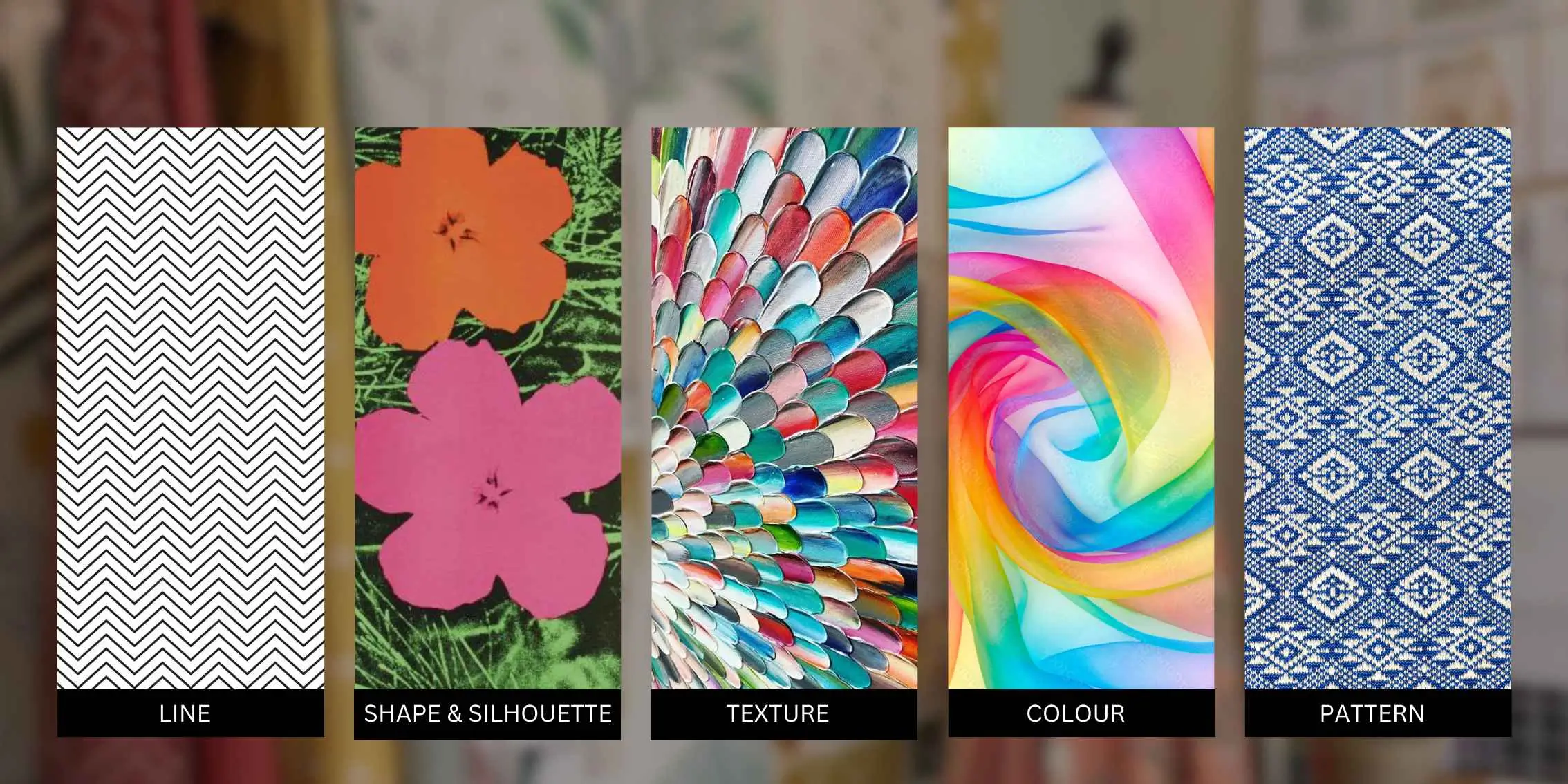 A visual representation of the essential elements of fashion
                design, showcasing line, shape & silhouette, texture, colour, and pattern
                through distinct artistic examples.