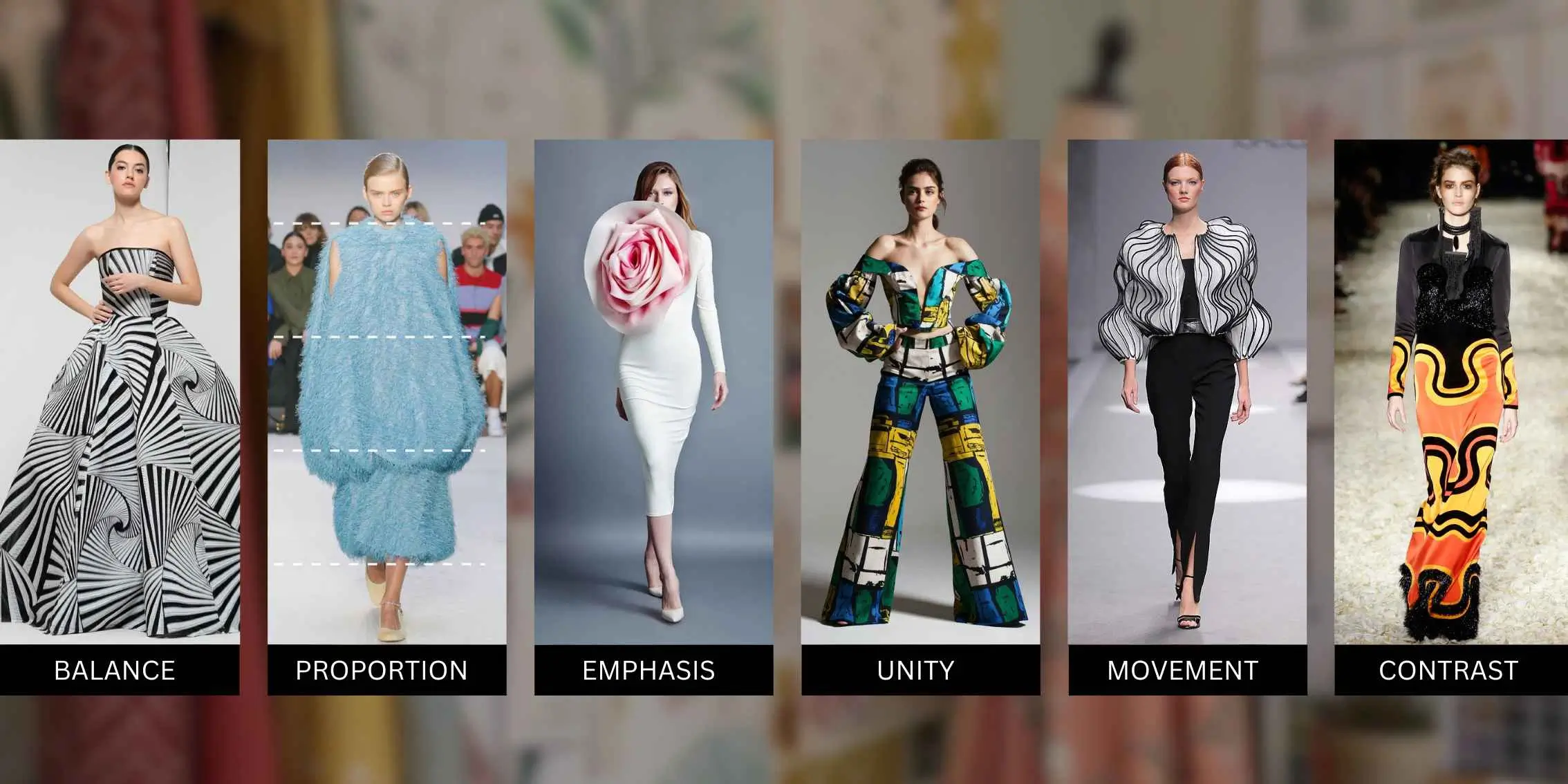  A visual representation of the essential principles of fashion
    design, illustrating balance, proportion, emphasis, unity, movement, and
    contrast through striking runway and editorial fashion examples.