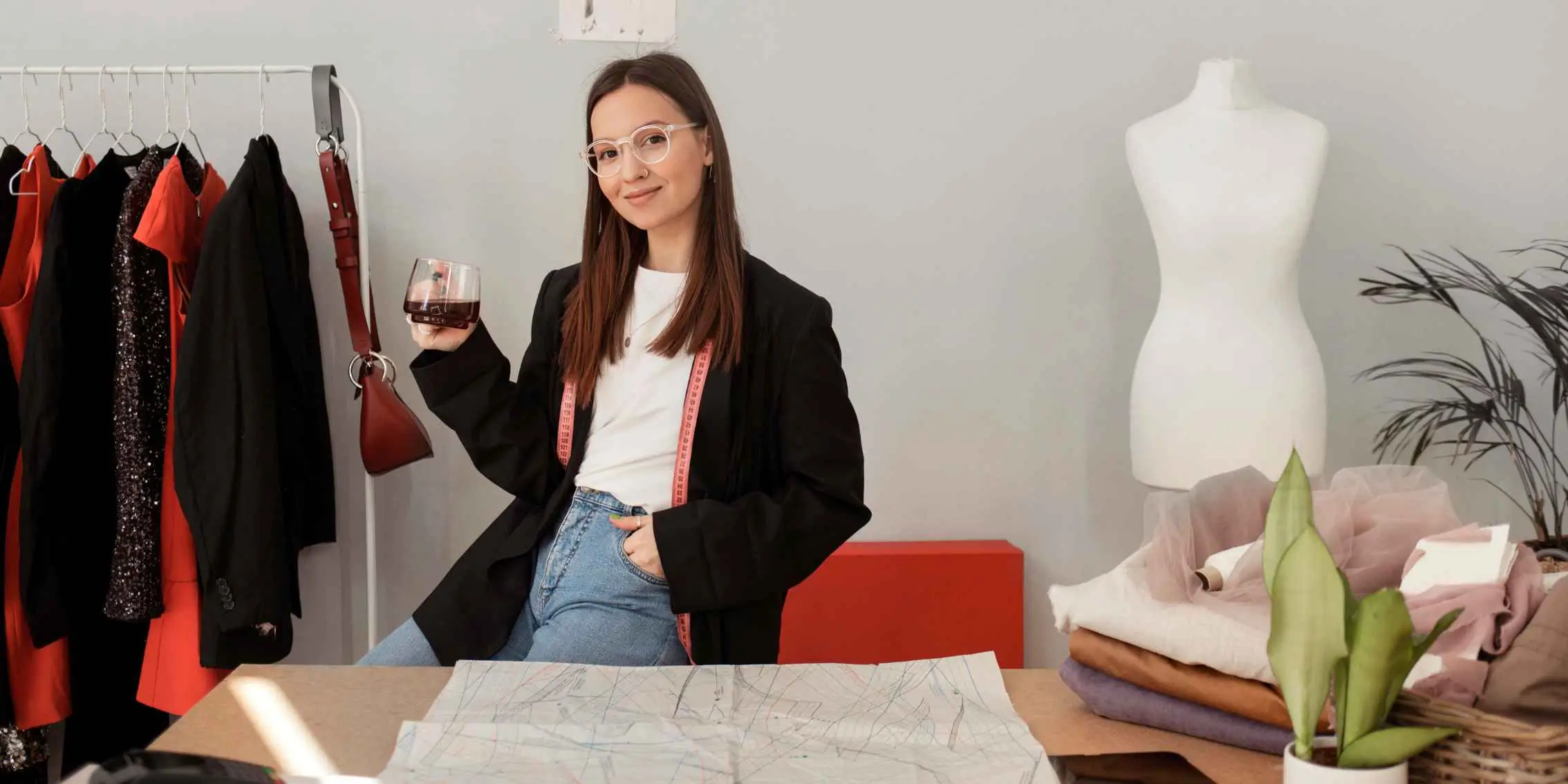 Fashion designer with a measuring tape, standing next to a table
                            with fabric and sketches