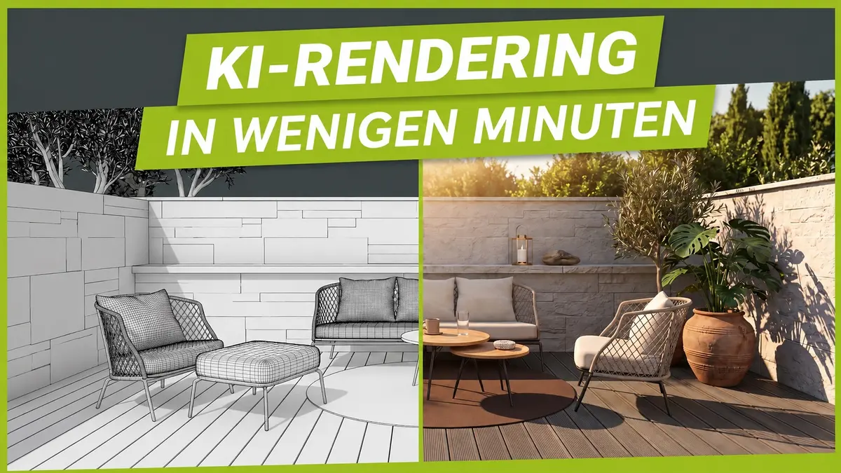 Gegen&uuml;berstellung einer pCon-Planung und eines KI-gerenderten Au&szlig;enbereichs
