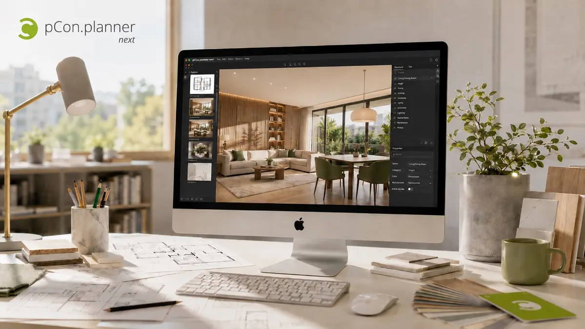 pCon.planner next mit einer Interior-Design-Planung auf einem Mac