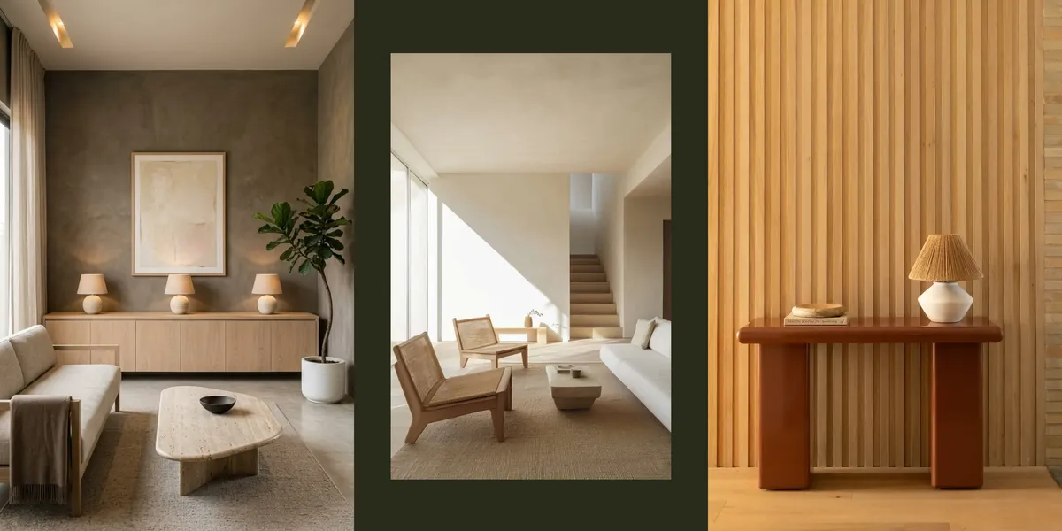 Warm minimalism interior design with soft lighting and timber finishes