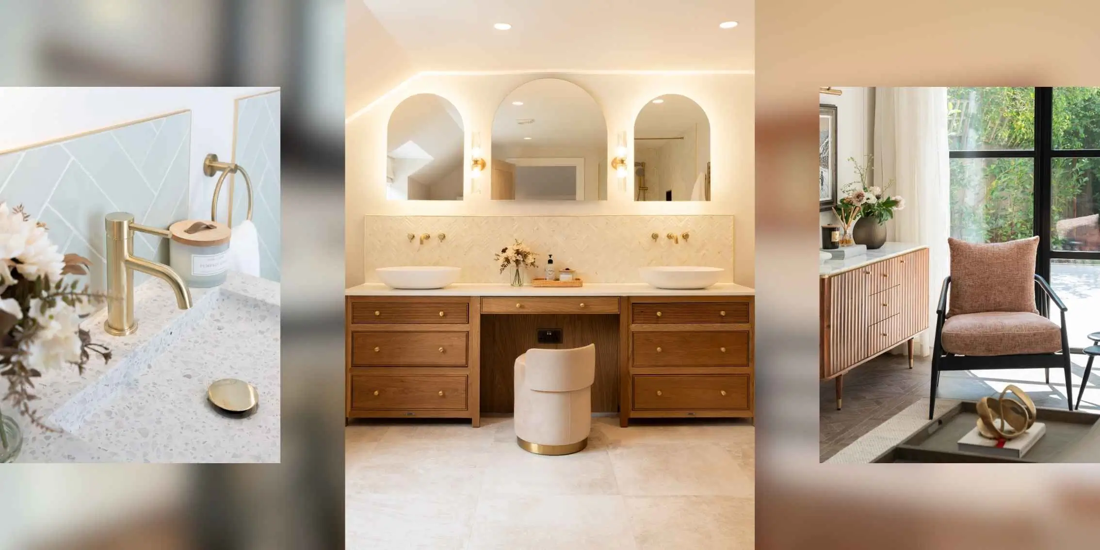 Modern bathroom and
living room designed by IDI graduate Rebecca Winter Gold finishes used in interior project