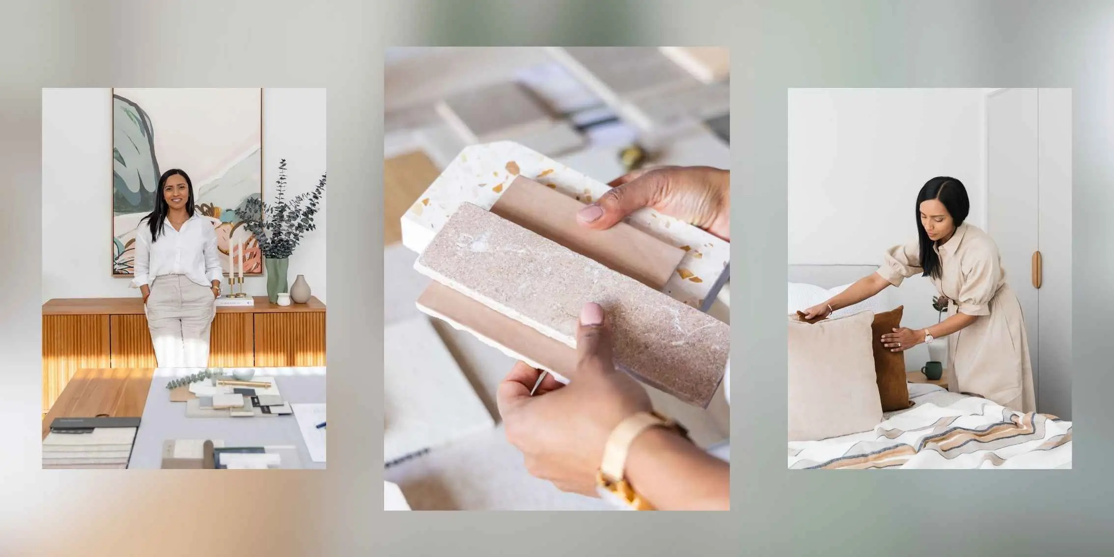 Interior
Design Projects by The Interior Design Institute Graduate Shivani Gounder reviewing a design board, illustrating her
transition from an interior design student to a professional