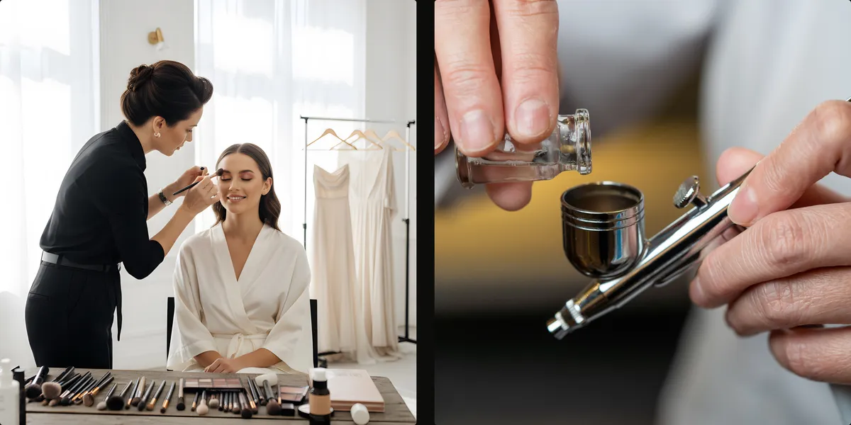 Left Image: an MUA working on a bride. Right Image: Someone preparing an airbrush