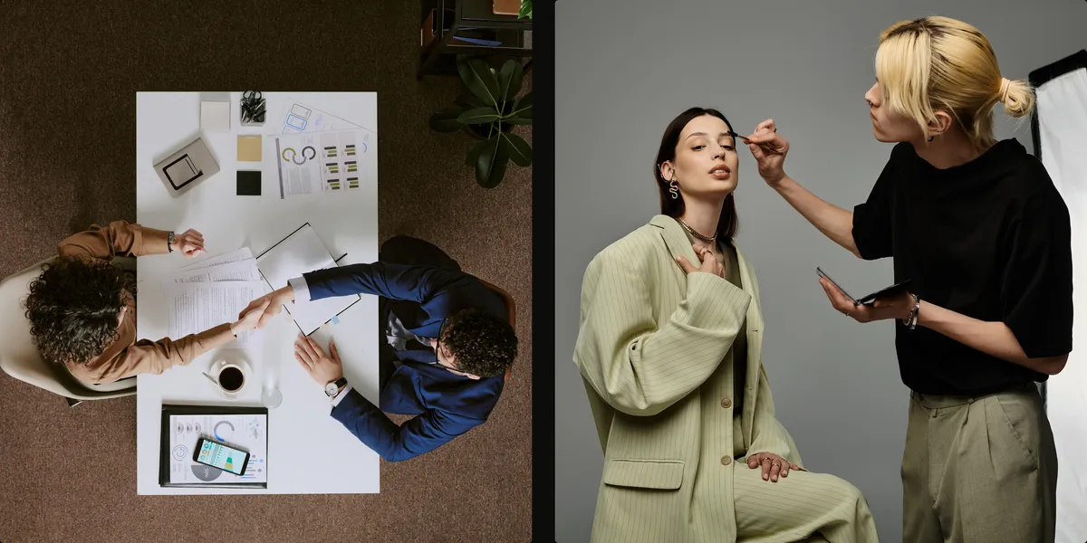 Left Image: Business meeting. Right Image: MUA working on a model