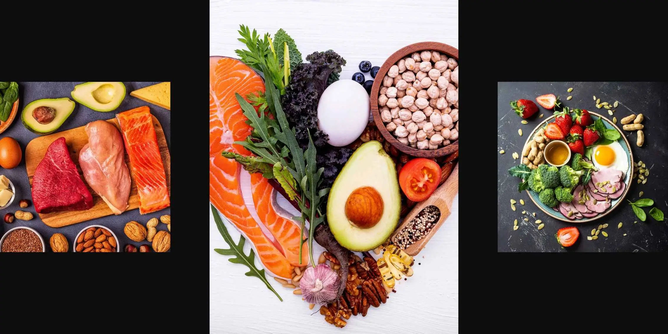 Assorted low-carb foods including meats, avocado, eggs, salmon, greens,
        seeds, and nuts arranged on cutting boards and plates