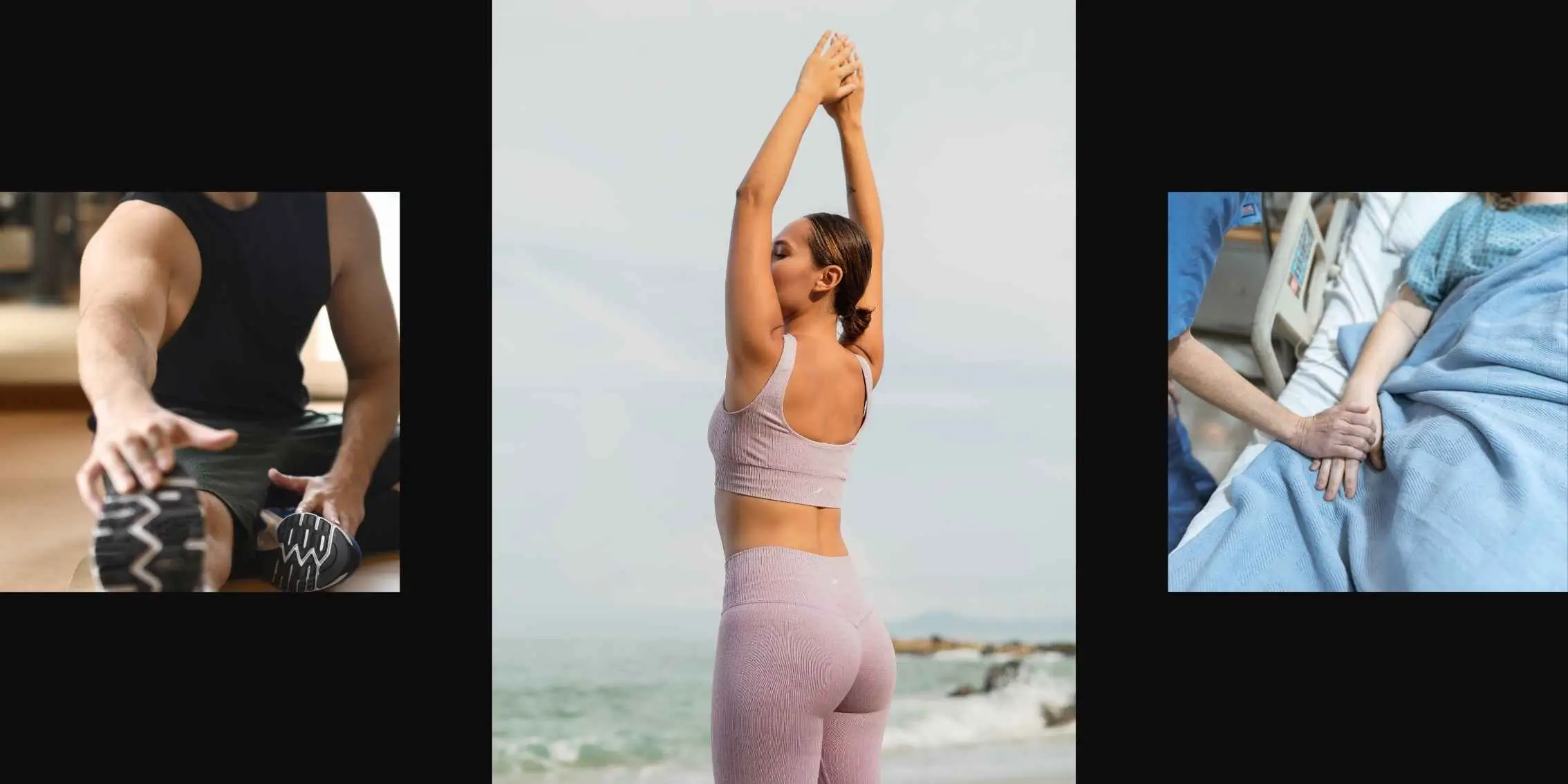 Collage of physical recovery scenes including a man stretching, a woman
        doing yoga on the beach, and a nurse comforting a patient in a hospital bed