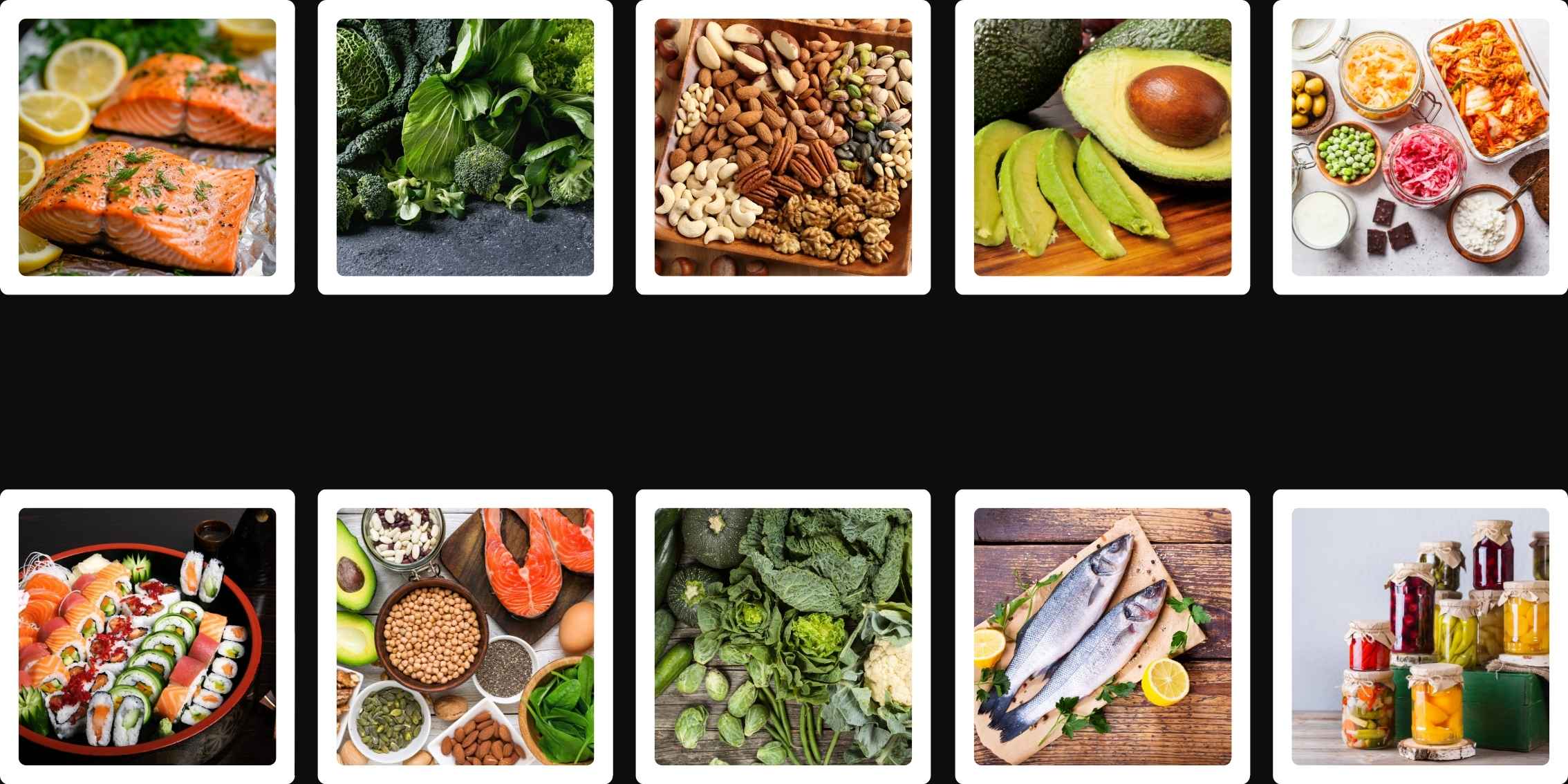 A collage of images showcasing a variety of healthy foods,
    including salmon, avocados, nuts, seeds, vegetables, and fermented foods.