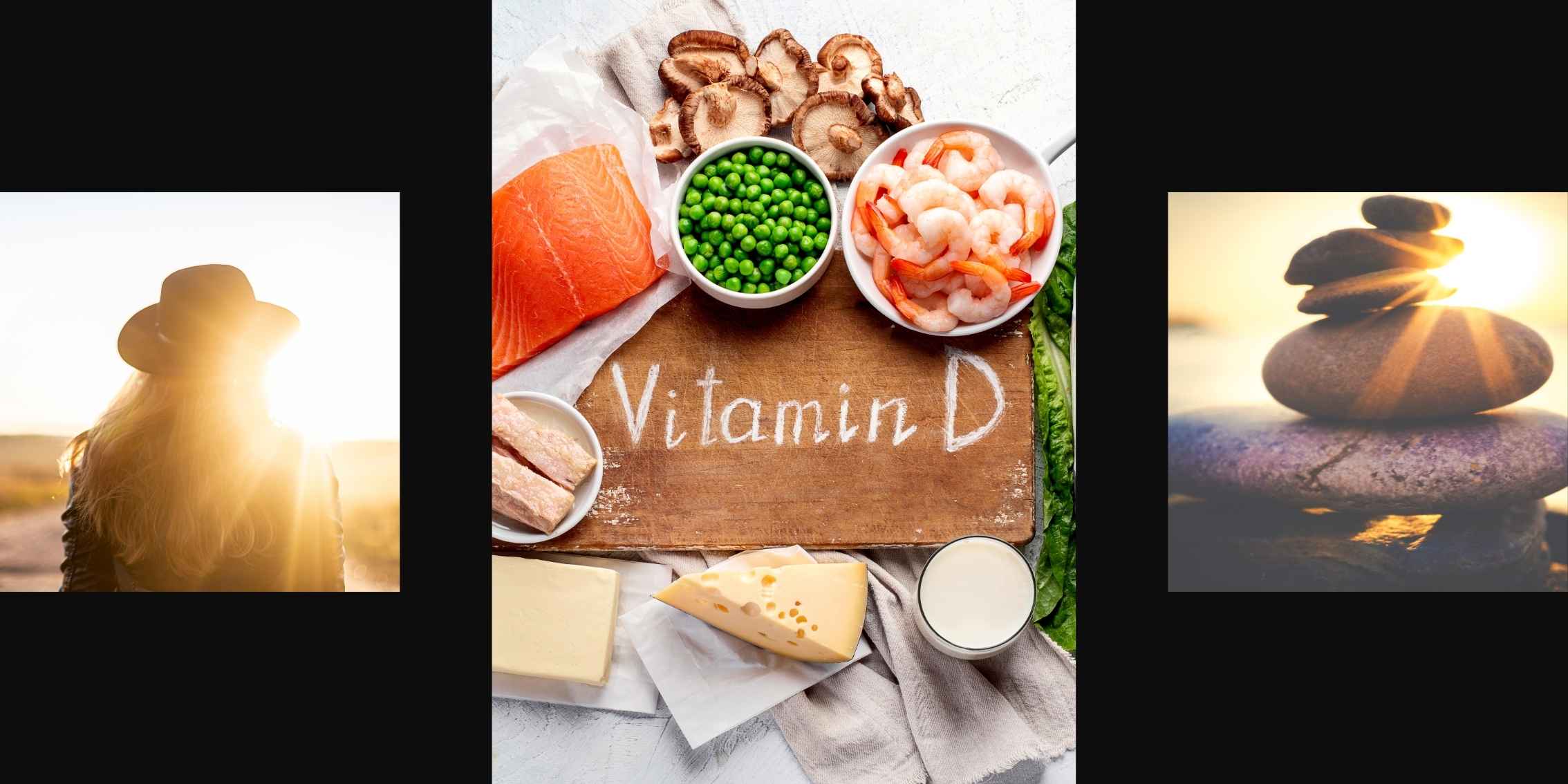 Sources of Vitamin D A collage of three images related to
    Vitamin D: a woman facing the sun, a variety of foods rich in Vitamin D, and a
    stack of rocks with the sun shining through.