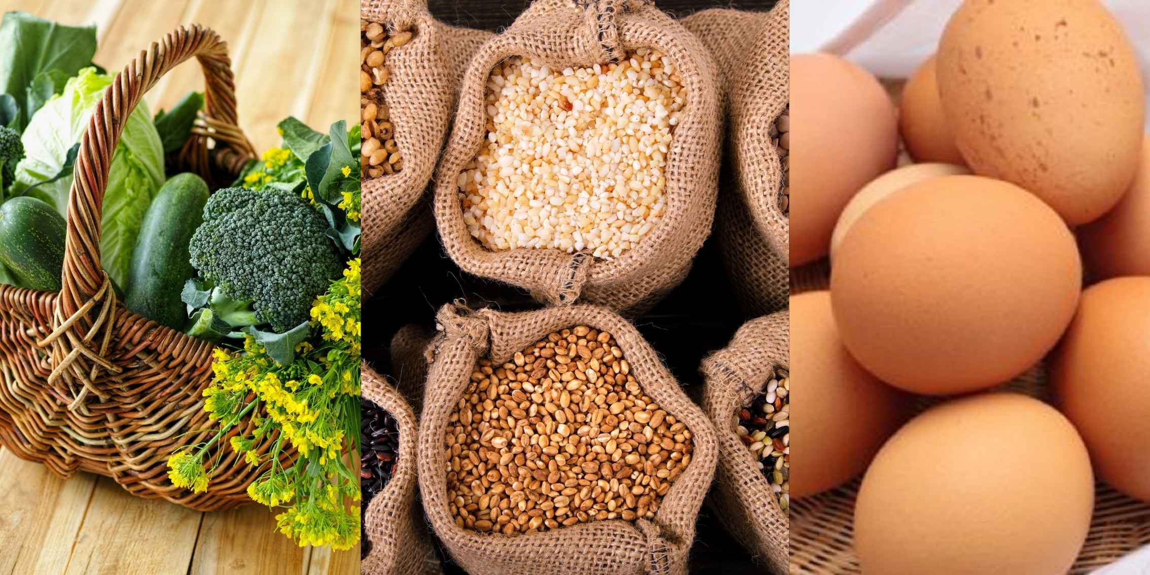 Balanced Diet Essentials A collage of three images showing different food groups: a basket filled
    with vegetables, a collection of grains and seeds in burlap sacks, and a group
    of brown eggs.